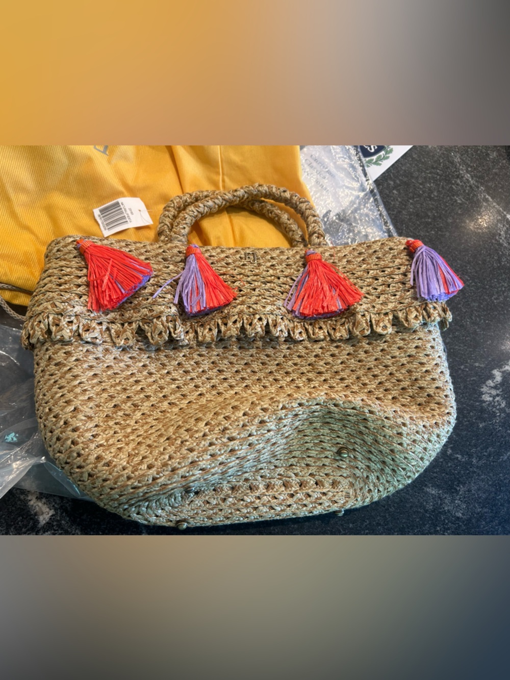 Eric Javits  Straw Tote Bag with Red and Purple Tassels